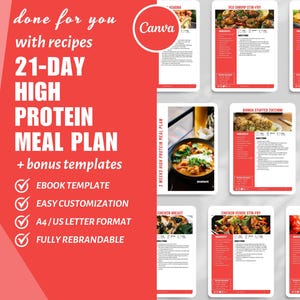 Op de afbeelding: Een rode en witte grafiek met de tekst "21-DAY HIGH PROTEIN MEAL PLAN + bonus templates" en vinkjes voor "EBOOK TEMPLATE", "EASY CUSTOMIZATION", "A4/US LETTER FORMAT" en "FULLY REBRANDABLE". De grafiek is omringd door afbeeldingen van verschillende maaltijdplannen, waaronder "ASAGNA", "VEG SHRIMP STIR-FRY", "HAM CHEESE OMELETTE", "QUINOA STUFFED ZUCCHINI", "RAINBOW TR", "CHICKEN BREAST", "CHICKEN VEGGIE STIR-FRY" en "STUFFED PEPPERS".
