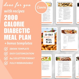 Könnte beinhalten: Eine rosa-weiße Grafik mit dem Text "2000 CALORIE DIABETIC MEAL PLAN + bonus templates" und Häkchen für "Ebook Template", "Easy Customization", "A4/US Letter Format" und "Fully Rebrandable". Die Grafik enthält auch Bilder von verschiedenen Mahlzeiten, wie Pasta, Salat und Wraps.