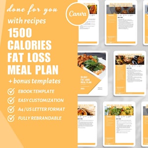 Op de afbeelding: Een gele en witte digitale download voor een 1500 calorieën vetverlies maaltijdplan met bonus sjablonen. De tekst "1500 calorieën vetverlies maaltijdplan" staat in een groot, vet lettertype. De tekst "klaar voor je met recepten" staat in een kleiner lettertype. De tekst "E-BOOK TEMPLATE, EASY CUSTOMIZATION, A4/US LETTER FORMAT, FULLY REBRANDABLE" staat in een kleiner lettertype en is afgevinkt met groene vinkjes. De tekst "Canva" staat in een witte doos met een gele omtrek.