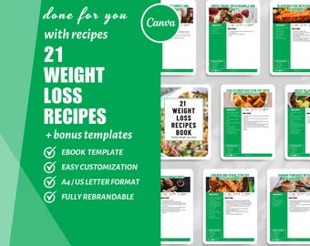 Weight Loss Recipe Book: 21 Healthy Fat Loss Meals (Canva Template, Digital Download)