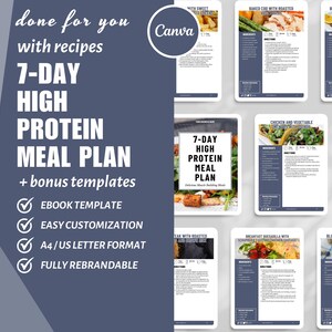 7-Day High Protein Meal Plan Template Easy Recipe, Cookbook Recipe Template, eBook Canva Nutrition, dfy content, Digital e cookbook template