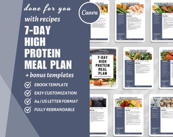 7-Day High Protein Meal Plan Template Easy Recipe, Cookbook Recipe Template, eBook Canva Nutrition, dfy content, Digital e cookbook template
