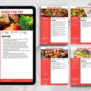 May include: A recipe book with four different recipes: Steak Veggie Stir-Fry, Veggie Turkey Chili, Grilled Chicken Kabobs, and Salmon Quinoa Bowl. Each recipe includes a photo of the dish, ingredients, directions, and nutritional information.