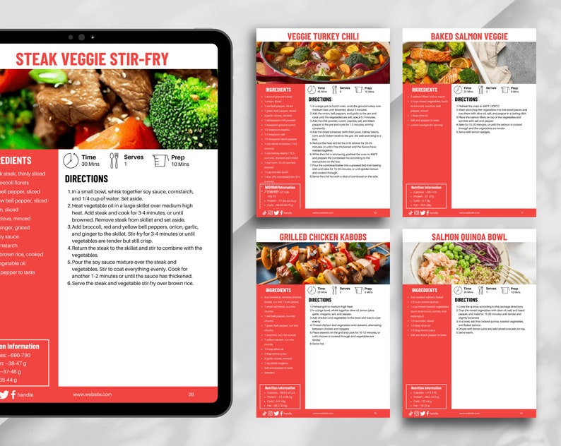 May include: A recipe book with four different recipes: Steak Veggie Stir-Fry, Veggie Turkey Chili, Grilled Chicken Kabobs, and Salmon Quinoa Bowl. Each recipe includes a photo of the dish, ingredients, directions, and nutritional information.