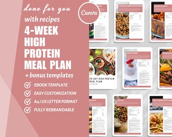 4-Week High Protein Meal Plan Coaching eBook Canva Template eBook Canva Nutrition Digital Recipe Page Nutrition Coach plr eBook Done For You