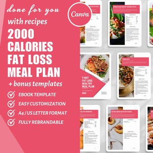Op de afbeelding: Een roze en witte digitale marketingafbeelding voor een 2000 calorieën dieet-ebook sjabloon voor gewichtsverlies. De afbeelding toont een collage van afbeeldingen van gezond voedsel, waaronder zalm, kip en groenten. De tekst "2000 Calories Fat Loss Meal Plan + bonus templates" wordt weergegeven in grote, vetgedrukte letters. De afbeelding bevat ook een checklist met functies zoals "Ebook-sjabloon", "Eenvoudige aanpassing", "A4/US Letter formaat" en "Volledig rebrandbaar".