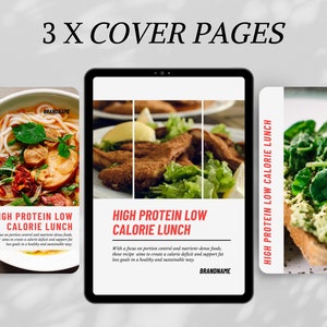 May include: Three Instagram story cover page templates with the text "High Protein Low Calorie Lunch" and images of different healthy lunch options. The first image shows a bowl of Vietnamese pho, the second image shows a plate of breaded chicken with a side of salad, and the third image shows a slice of toast topped with spinach and avocado.