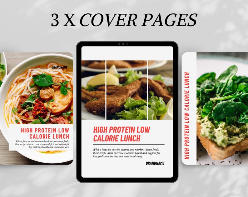 May include: Three Instagram story cover page templates with the text "High Protein Low Calorie Lunch" and images of different healthy lunch options. The first image shows a bowl of Vietnamese pho, the second image shows a plate of breaded chicken with a side of salad, and the third image shows a slice of toast topped with spinach and avocado.