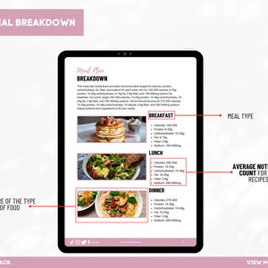Puede incluir: Una tableta digital que muestra un desglose del plan de comidas con im&aacute;genes del desayuno, el almuerzo y la cena. El plan de comidas incluye el conteo de calor&iacute;as, prote&iacute;nas, carbohidratos, grasas y sodio para cada comida.