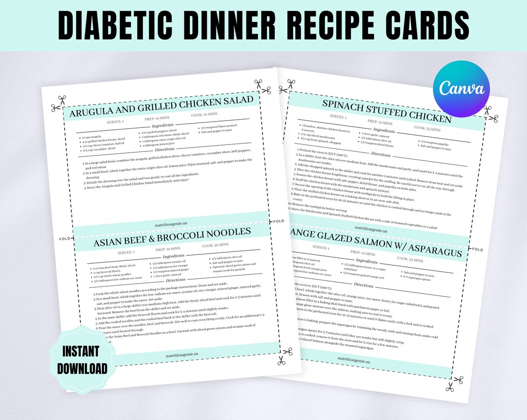 Diabetic Recipe Cards Type 2 Diabetes Meals 8.5x11 Recipe Cards ...