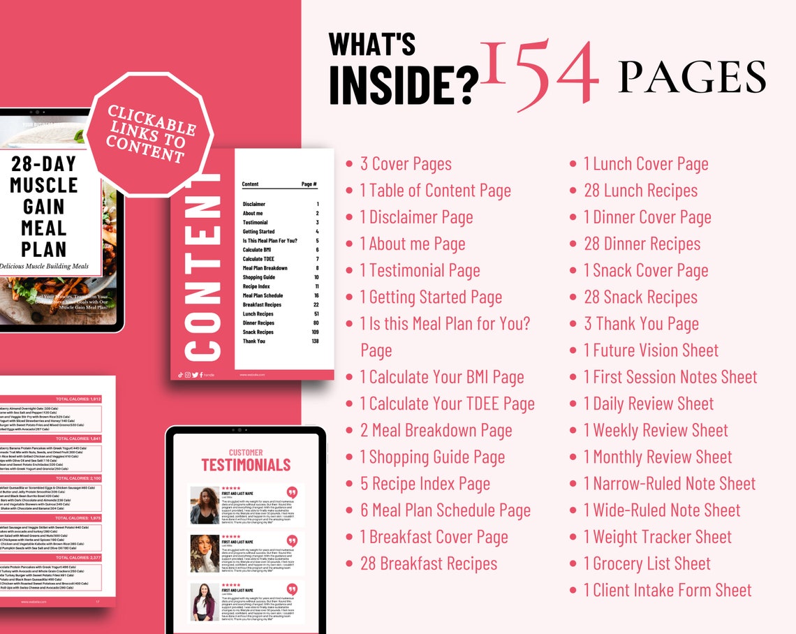 28-day Muscle Gain Meal Plan, Cookbook Recipe Template Canva, Ebook