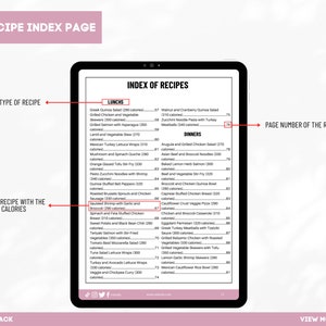 Puede incluir: Una p&aacute;gina de &iacute;ndice de recetas digital con una lista de recetas de almuerzo y cena, incluyendo el nombre de la receta, las calor&iacute;as totales y el n&uacute;mero de p&aacute;gina. La p&aacute;gina se titula "Recipe Index Page".