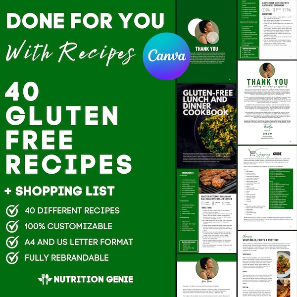 40 Gluten Free Recipes Cookbook Template for Health and Fitness Coaches, Recipe Book Template, White Label Recipes, Done For You Content