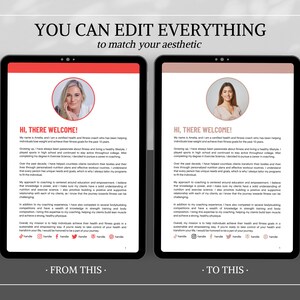 May include: A split screen image showing two different layouts for a fitness coach's website. The left side shows a simple layout with a photo of the coach and a brief bio. The right side shows a more visually appealing layout with a larger photo of the coach and more text. The text on both sides includes the phrase "HI, THERE WELCOME!" and describes the coach's experience and qualifications. The text also includes social media icons and the phrase "YOU CAN EDIT EVERYTHING to match your aesthetic".