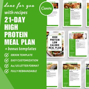 Op de afbeelding: Een groene en witte digitale download voor een 21-daags high-protein, low-calorie maaltijdplan met recepten en bonus sjablonen. De tekst "klaar voor je met recepten" en "21-daags high-protein maaltijdplan" staat op de afbeelding. De afbeelding bevat ook een verscheidenheid aan voedselfoto's.