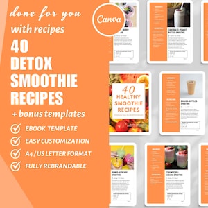 40 Detox Smoothie Recipes, Lead Magnet Ebook, Recipe Book Template, Canva Cookbook Template for Health and Fitness Coaches, DFY content,