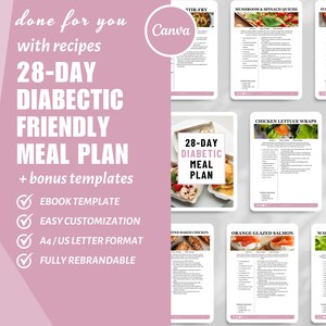 Pu&ograve; includere: Un mockup di prodotto digitale scaricabile in rosa e bianco per un piano pasto di 28 giorni adatto ai diabetici con ricette. Il mockup include un titolo, un elenco di funzionalit&agrave; e immagini di varie opzioni di pasto. Il testo sul mockup recita "28-Day Diabetic Friendly Meal Plan + bonus templates, Ebook Template, Easy Customization, A4/US Letter Format, Fully Rebrandable".