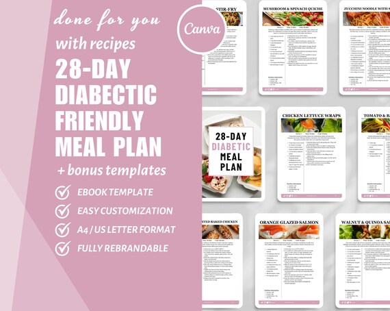 28-Day Diabetic Meal Plan Template: Recipe Cookbook (Canva eBook)
