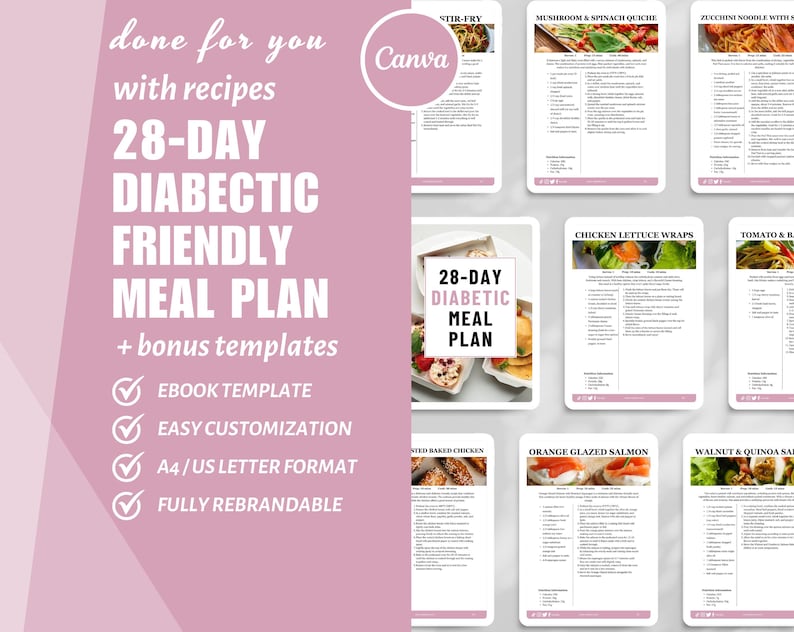 Pu&ograve; includere: Un mockup di prodotto digitale scaricabile in rosa e bianco per un piano pasto di 28 giorni adatto ai diabetici con ricette. Il mockup include un titolo, un elenco di funzionalit&agrave; e immagini di varie opzioni di pasto. Il testo sul mockup recita "28-Day Diabetic Friendly Meal Plan + bonus templates, Ebook Template, Easy Customization, A4/US Letter Format, Fully Rebrandable".