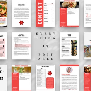 May include: A digital cookbook with a red and white color scheme. The cookbook includes recipes for lunch dishes, a shopping guide, and an index of recipes. The text "EVERYTHING IS EDITABLE" is displayed in large, bold letters.