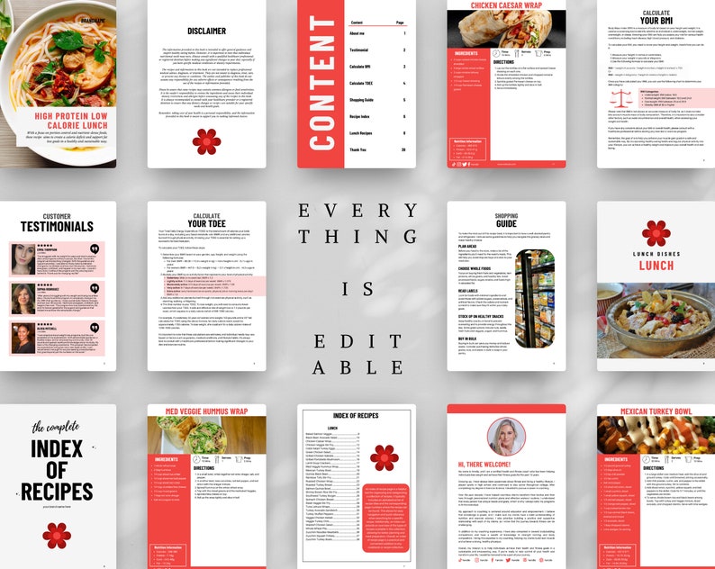 May include: A digital cookbook with a red and white color scheme. The cookbook includes recipes for lunch dishes, a shopping guide, and an index of recipes. The text "EVERYTHING IS EDITABLE" is displayed in large, bold letters.