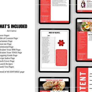 May include: A digital planner for Canva with a red and white color scheme. The planner includes 3 cover pages, a table of contents, a disclaimer page, an about me page, a testimonial page, a calculate your BMI page, a calculate your TDEE page, a shopping guide page, 2 recipe index pages, a lunch cover page, 30 lunch recipes, and 3 thank you pages. The planner is a total of 46 editable pages.