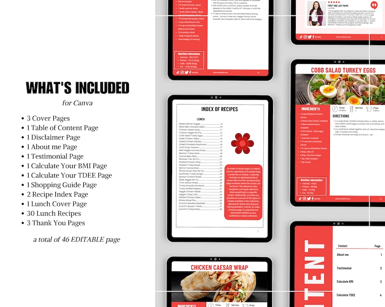 May include: A digital planner for Canva with a red and white color scheme. The planner includes 3 cover pages, a table of contents, a disclaimer page, an about me page, a testimonial page, a calculate your BMI page, a calculate your TDEE page, a shopping guide page, 2 recipe index pages, a lunch cover page, 30 lunch recipes, and 3 thank you pages. The planner is a total of 46 editable pages.