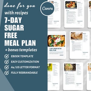 7-Tage Low Carb Essensplan Vorlage, Kochbuch Rezept Vorlage Canva, eBook Vorlage Canva, Digitale Rezept Seiten, Ernährungscoach, dfy Inhalt