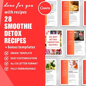 28 Day Detox Smoothie Recipes, Lead Magnet Ebook, Recipe Book Template, Canva Cookbook Template for Health and Fitness Coaches, DFY content