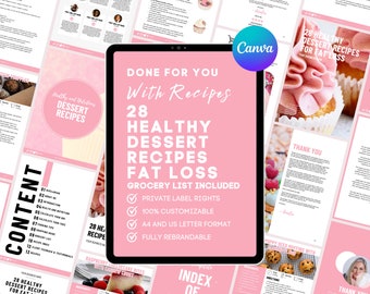 28 ricette di dessert salutari per la perdita di grasso Modello di ricettario Ricette White Label eBook di ricette nutrizionali Stile di vita sano Libro di ricette modificabile
