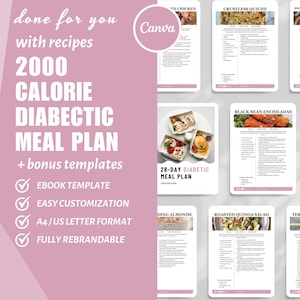 Puede incluir: Un gr&aacute;fico rosa y blanco con el texto "2000 Calorie Diabetic Meal Plan + bonus templates" y marcas de verificaci&oacute;n para "Ebook Template", "Easy Customization", "A4/US Letter Format" y "Fully Rebrandable". El gr&aacute;fico tambi&eacute;n incluye im&aacute;genes de varios planes de comidas, incluyendo "Ensalada de quinoa asada", "Salteado de teriyaki de carne de res", "Enchiladas de frijoles negros" y "Pollo relleno de caprese".