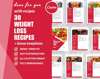 30 Weight Loss Recipes: Nutrition Meal Plan Canva Template (Digital Download)