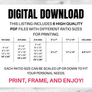 May include: A white sheet with black text outlining the different sizes of printable PDF files for digital downloads. The text reads "DIGITAL DOWNLOAD", "THIS LISTING INCLUDES 6 HIGH QUALITY PDF FILES WITH DIFFERENT RATIO SIZES FOR PRINTING." The sizes are listed in a table with the following headings: "4:5 ratio", "3:4 ratio", "2:3 ratio", "5" x 7"