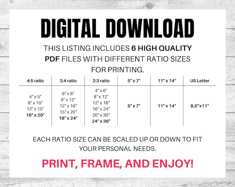 May include: A white sheet with black text outlining the different sizes of printable PDF files for digital downloads. The text reads "DIGITAL DOWNLOAD", "THIS LISTING INCLUDES 6 HIGH QUALITY PDF FILES WITH DIFFERENT RATIO SIZES FOR PRINTING." The sizes are listed in a table with the following headings: "4:5 ratio", "3:4 ratio", "2:3 ratio", "5" x 7"