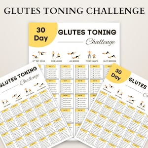 May include: A 30-day glutes toning challenge workout plan with a yellow and white color scheme. The plan includes exercises like donkey kicks, side lunges, leg bridges, front squats, and glute bridges.