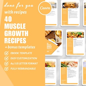 Receptenboek Spiergroei Recepten Kookboek Spieropbouw Maaltijden Recepten voor een gezonde gewichtstoename Eiwitrijke maaltijden e-book DFY Canva-sjabloon