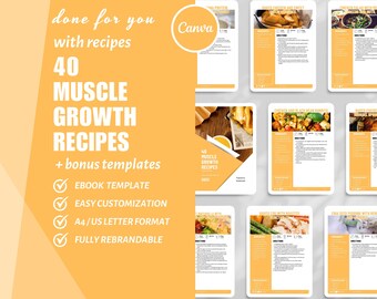 Libro de recetas Recetas para el crecimiento muscular Libro de cocina Comidas para desarrollar músculos Recetas para un aumento de peso saludable Comidas ricas en proteínas Libro electrónico Plantilla DFY Canva