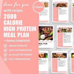 Op de afbeelding: Een roze en witte afbeelding met de tekst "2000 CALORIE HIGH PROTEIN MEAL PLAN + bonus templates" en vinkjes voor "Ebook Template", "Easy Customization", "A4/US Letter Format" en "Fully Rebrandable". De afbeelding bevat ook een voorbeeldpagina van een maaltijdplan met een foto van een maaltijd en een recept.