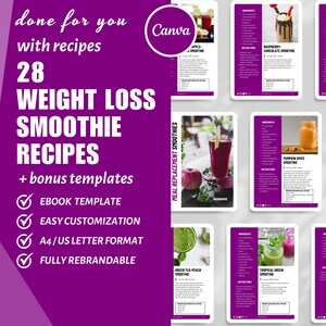 28 Weight Loss Smoothie Recipes, Lead Magnet Ebook, Recipe Book Template, Canva Cookbook Template Health and Fitness Coaches, DFY content,