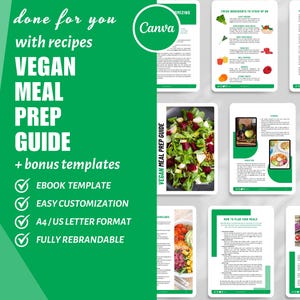Op de afbeelding: Een groene en witte digitale gids met de tekst "VEGAN MEAL PREP GUIDE" en een checklist met functies zoals "EBOOK TEMPLATE", "EASY CUSTOMIZATION", "A4/US LETTER FORMAT" en "FULLY REBRANDABLE". De gids bevat afbeeldingen van veganistische maaltijden.