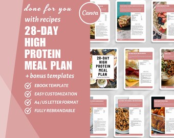 28-Day High Protein Meal Plan, Cookbook Recipe Template Canva, eBook Canva Nutrition, Digital Recipe Pages, Nutrition Coach, dfy content