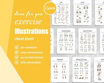 Hoja de referencia con ilustraciones de ejercicios, rutina de ejercicios en el gimnasio, ilustraciones de dibujos digitales, coaching de salud, fitness, ilustraciones de ejercicios