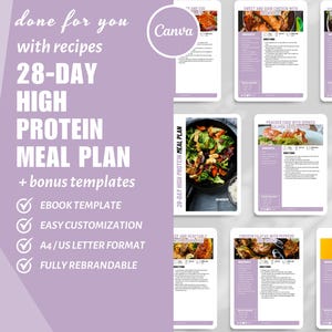 Op de afbeelding: Een paars-witte digitale download voor een 28-daags high-protein maaltijdplan met recepten en bonus sjablonen. De tekst "done for you with recipes 28-DAY HIGH PROTEIN MEAL PLAN + bonus templates" wordt aan de linkerkant van de afbeelding weergegeven. De tekst "EBOOK TEMPLATE EASY CUSTOMIZATION A4/US LETTER FORMAT FULLY REBRANDABLE" wordt aan de rechterkant van de afbeelding weergegeven. De afbeelding bevat ook verschillende afbeeldingen van voedsel.