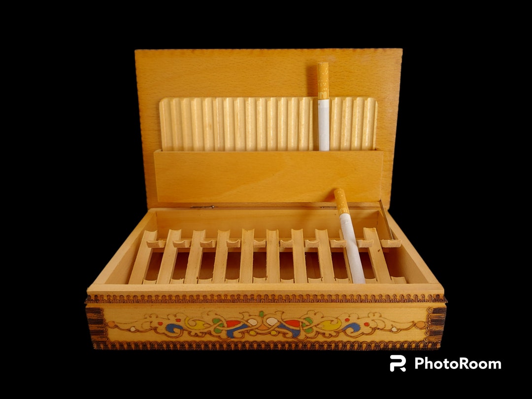 Vintage Wooden Cigarette Box Dispenser Case Holder Hand Painted