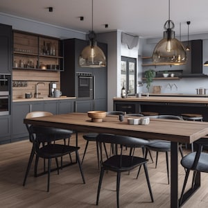 May include: A modern kitchen with dark grey cabinets, a large island with bar stools, and a dining table with six chairs. The kitchen features a double oven, a farmhouse sink, and open shelving. The dining table is made of wood and has a rustic finish.