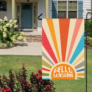 Hello Sunshine Summer Garden Flag, Retro Sun Burst Double Sided Farmhouse Holiday Boho Outside Banner Decoration Yard Flag Personalized Gift