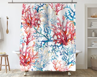 Blue Marine Pattern Shower Curtain, Sea Shells Waterproof Polyester Fabric Bathroom Curtains Coral Personalized Curtain for Bathroom Decor