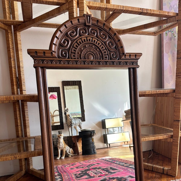 Large Vintage Boho Carved Wood Mirror with Arched Top