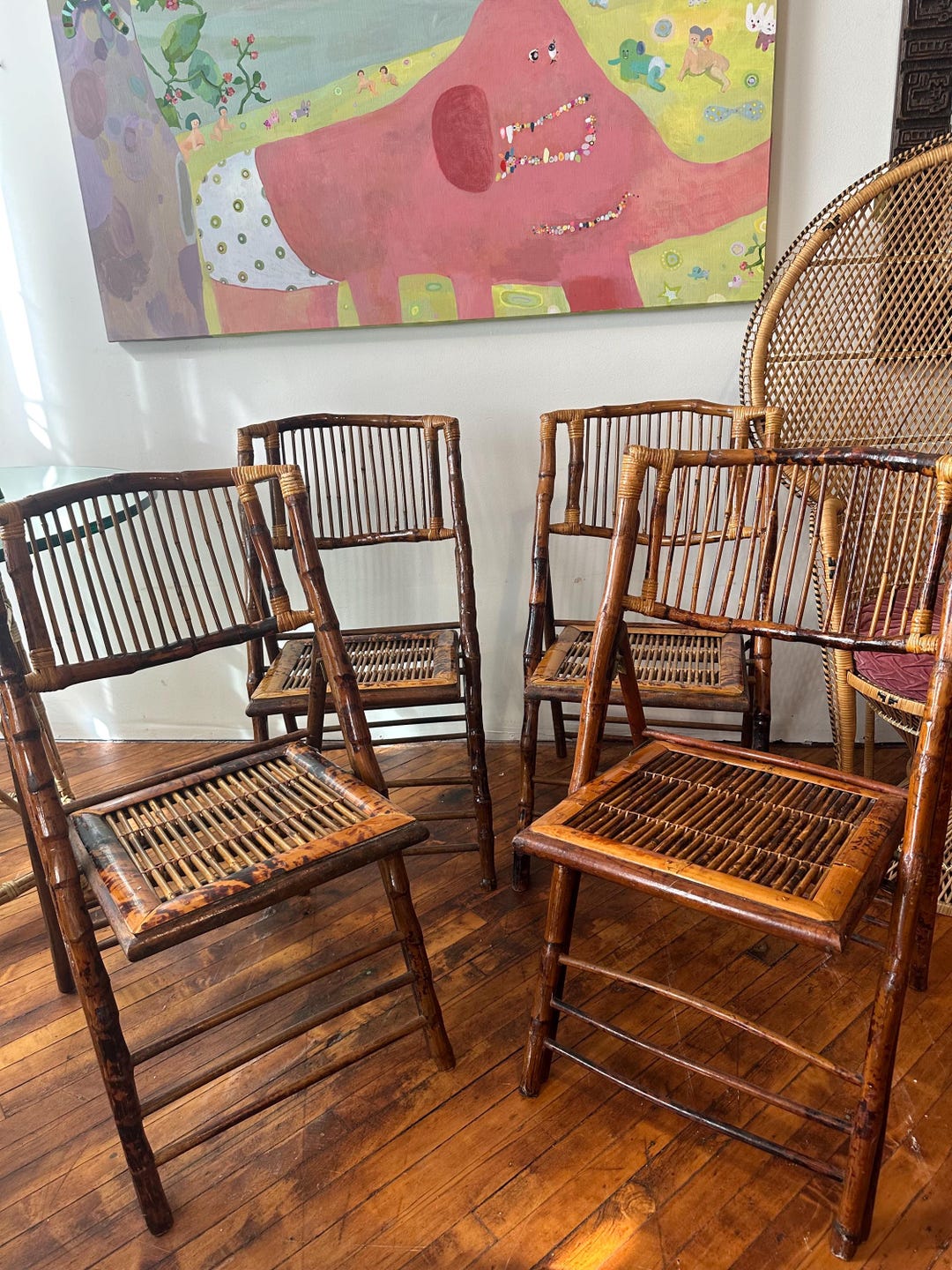 MCM Burnt Tortoise Bamboo Folding Chairs 2 Sets of 4 Available Priced ...