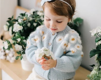 Wool Cardigan Sweater Embroidered Baby- Toddlers Girls  Sweater - Daisy Flower Sweater